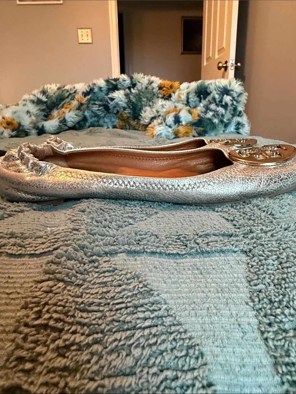 Tory Burch Metallic Silver Riva Logo Ballet Flats